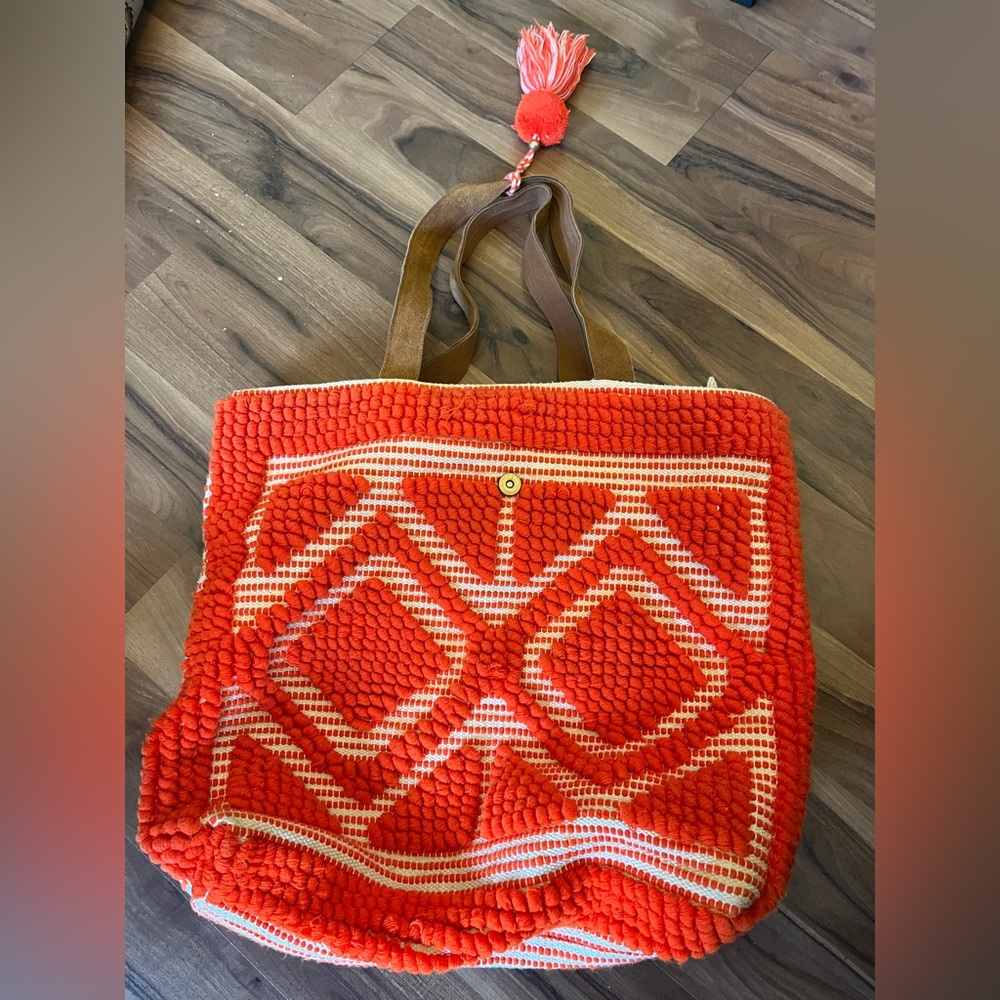 Orange Bali-Themed Printed Pom-Pom Beach Bag - Picture 2 of 8